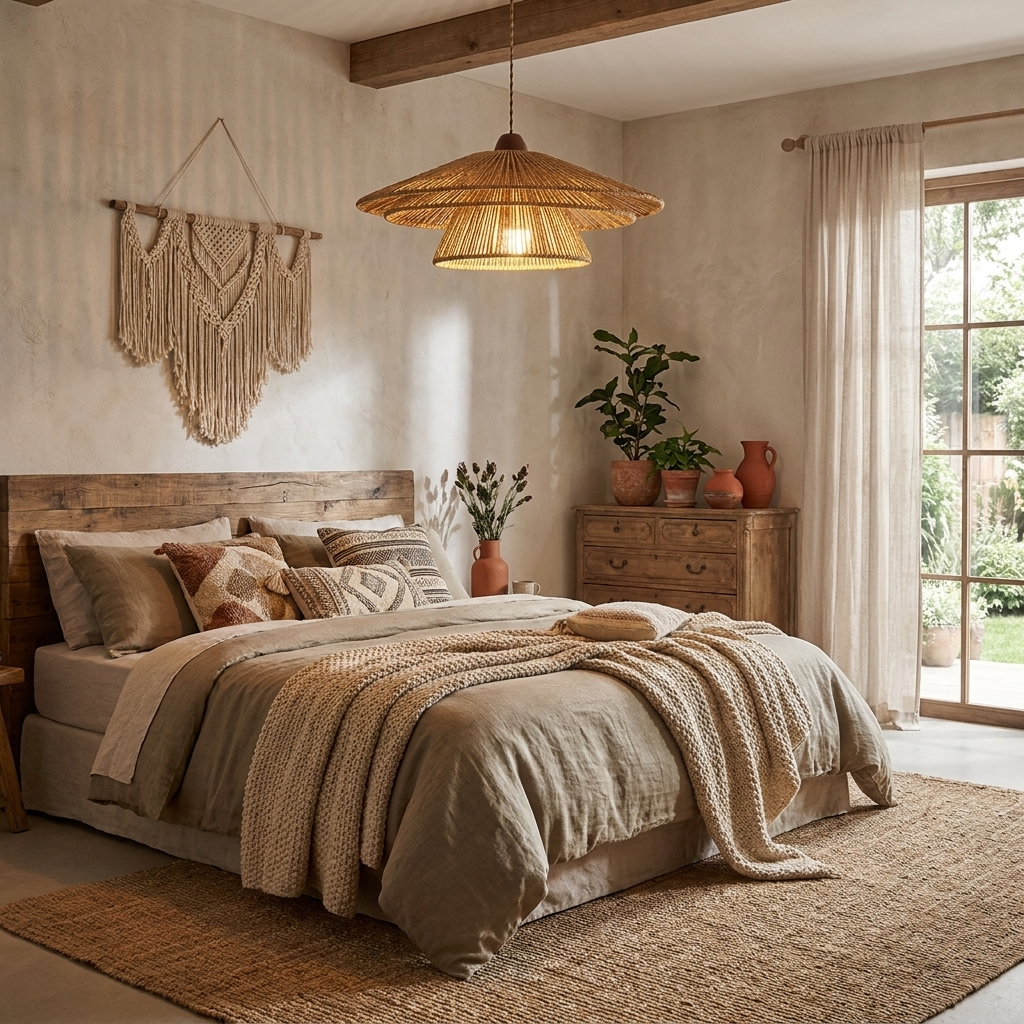 A terracotta jug tops the dresser beside this Clérachic pendant, its light falling over a bed layered with a jute-knit throw.
