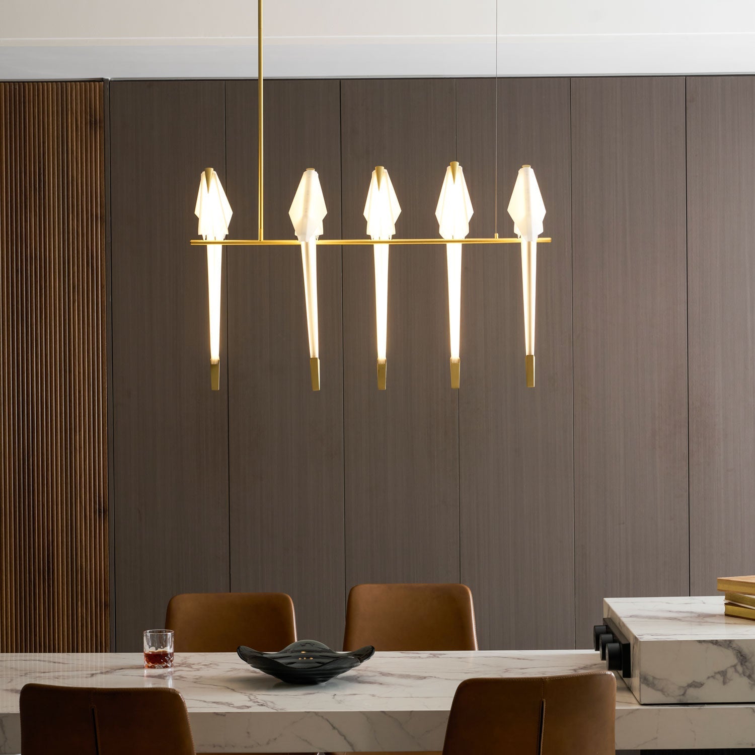 Paper Crane LED Chandelier, Acrylic Birds, Gold Frame, 3000K