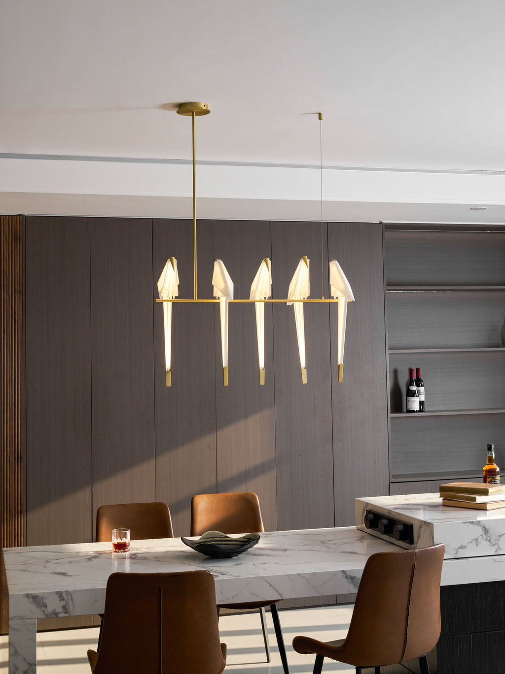 Paper Crane LED Chandelier, Acrylic Birds, Gold Frame, 3000K