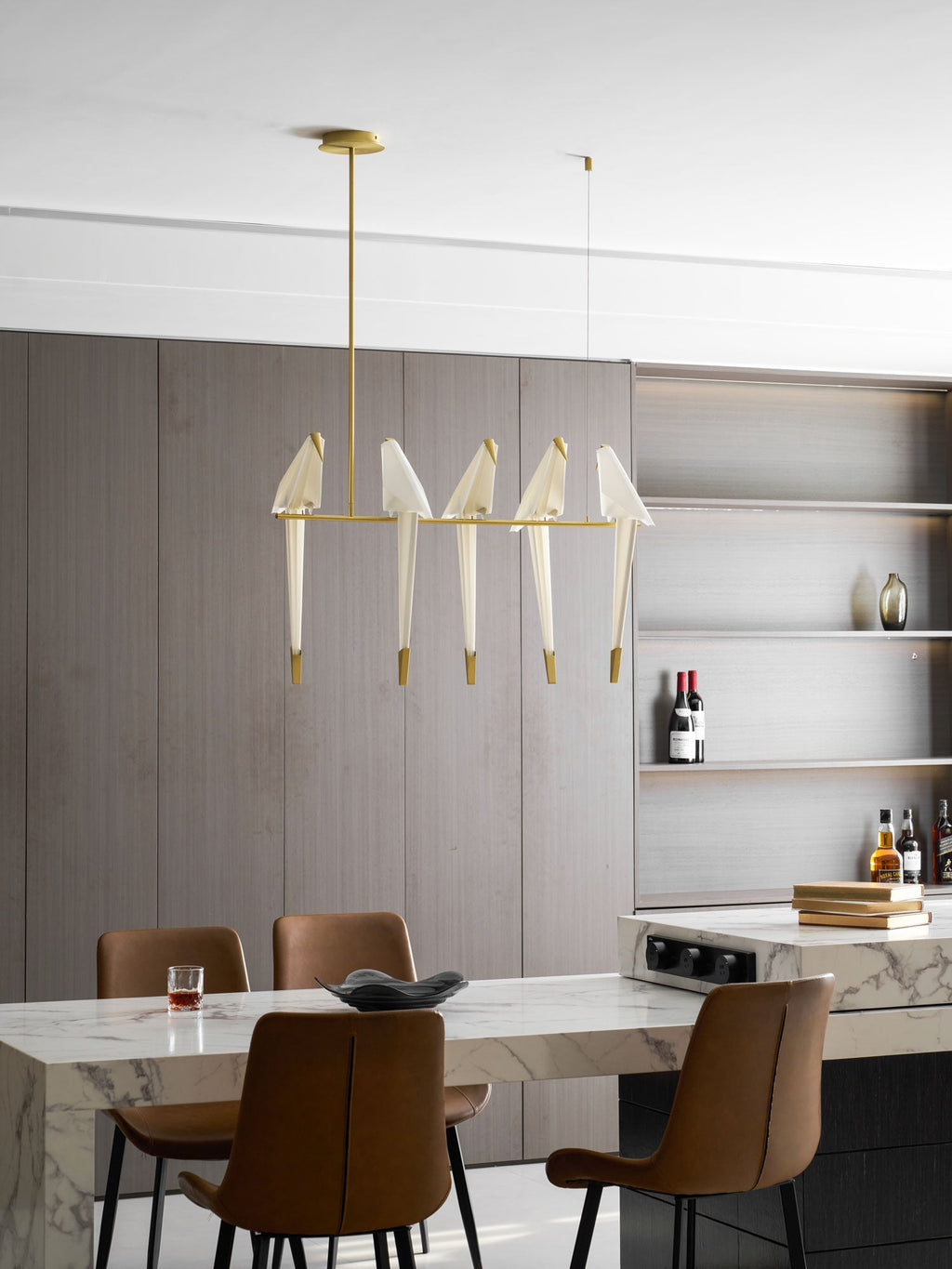 Paper Crane LED Chandelier, Acrylic Birds, Gold Frame, 3000K