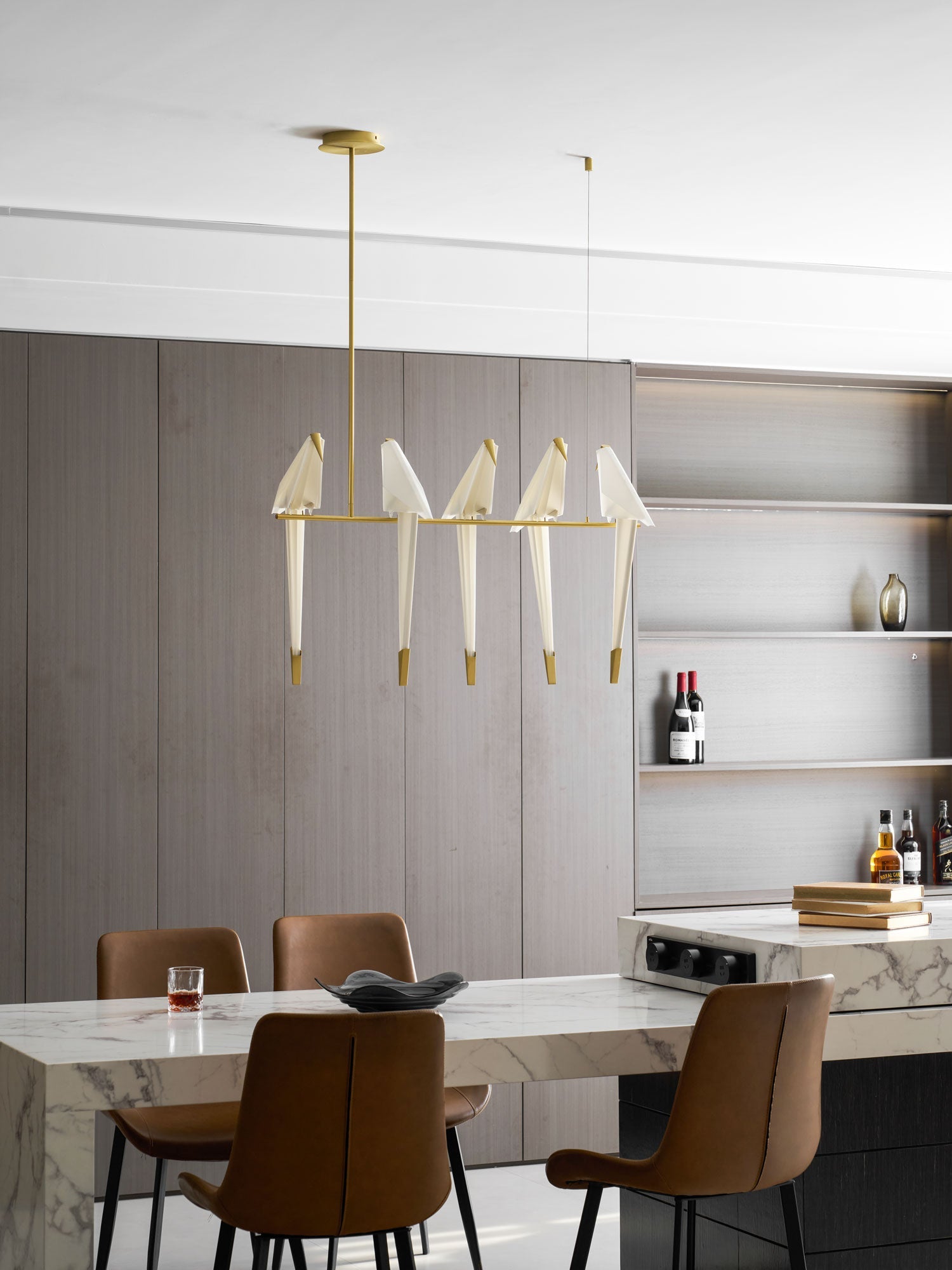 Paper Crane LED Chandelier, Acrylic Birds, Gold Frame, 3000K