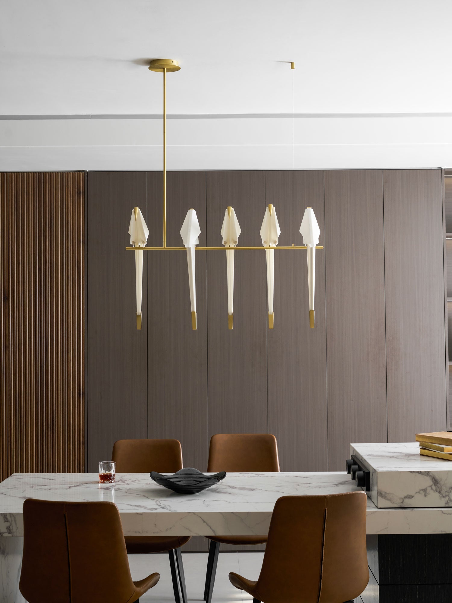Paper Crane LED Chandelier, Acrylic Birds, Gold Frame, 3000K