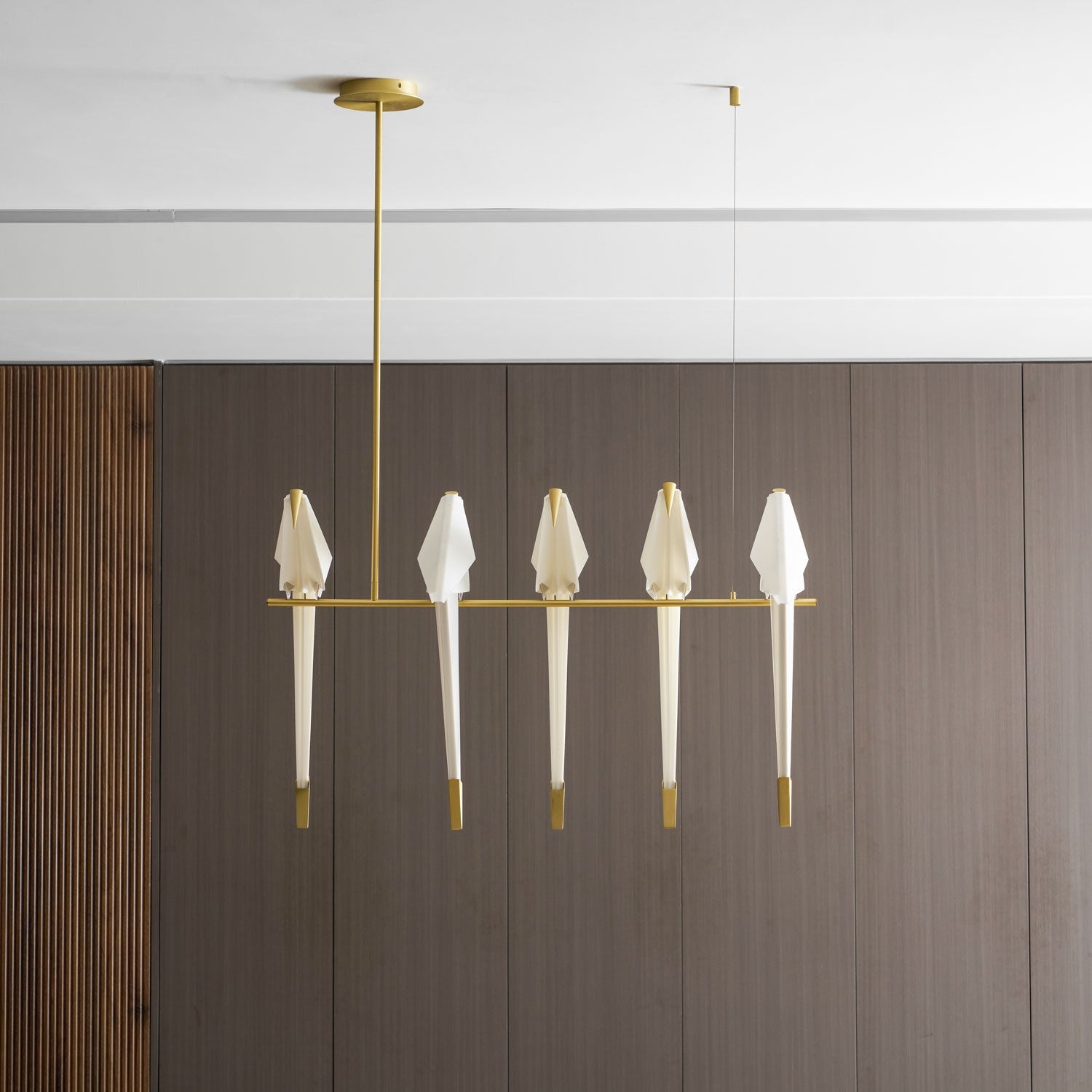 Paper Crane LED Chandelier, Acrylic Birds, Gold Frame, 3000K