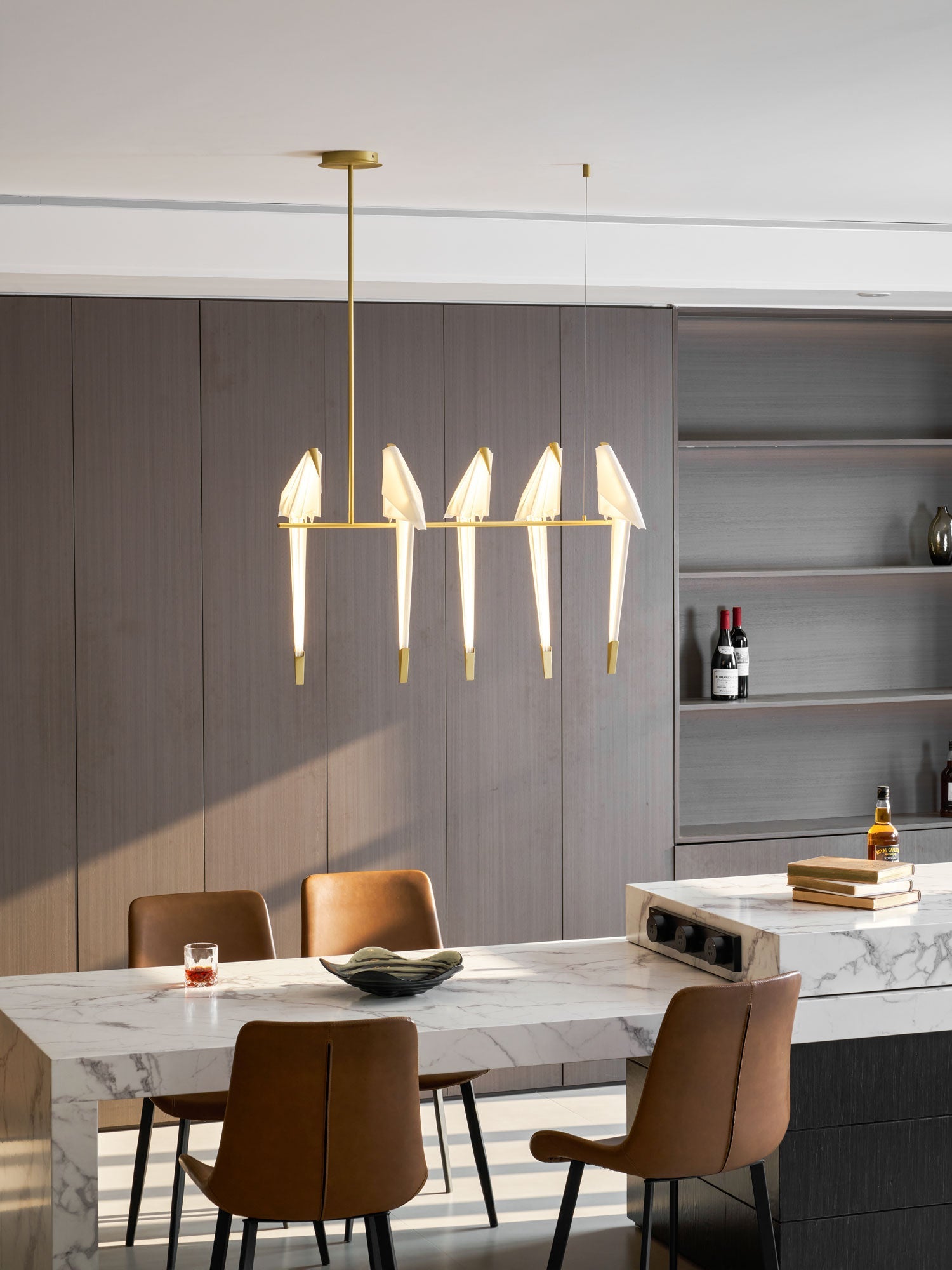 Paper Crane LED Chandelier, Acrylic Birds, Gold Frame, 3000K