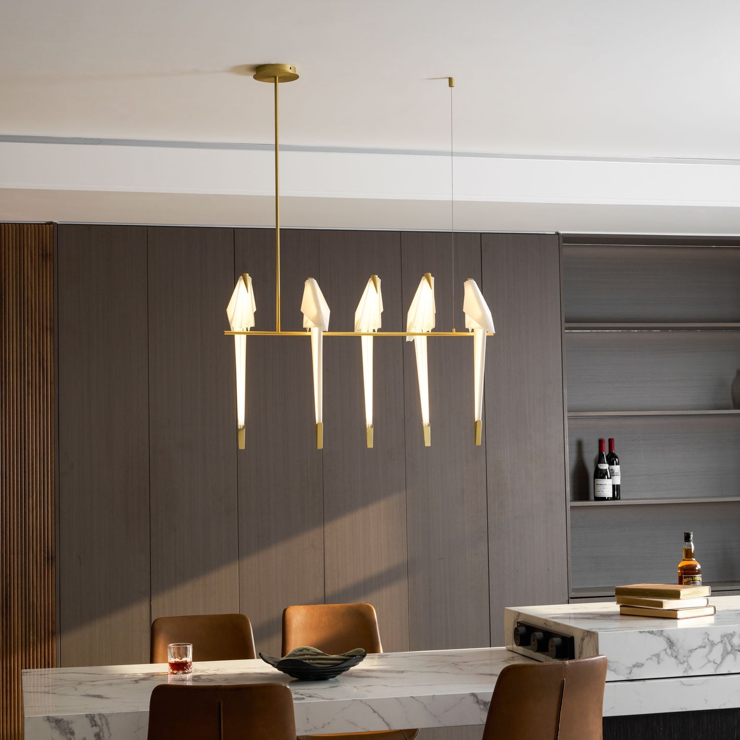 Paper Crane LED Chandelier, Acrylic Birds, Gold Frame, 3000K