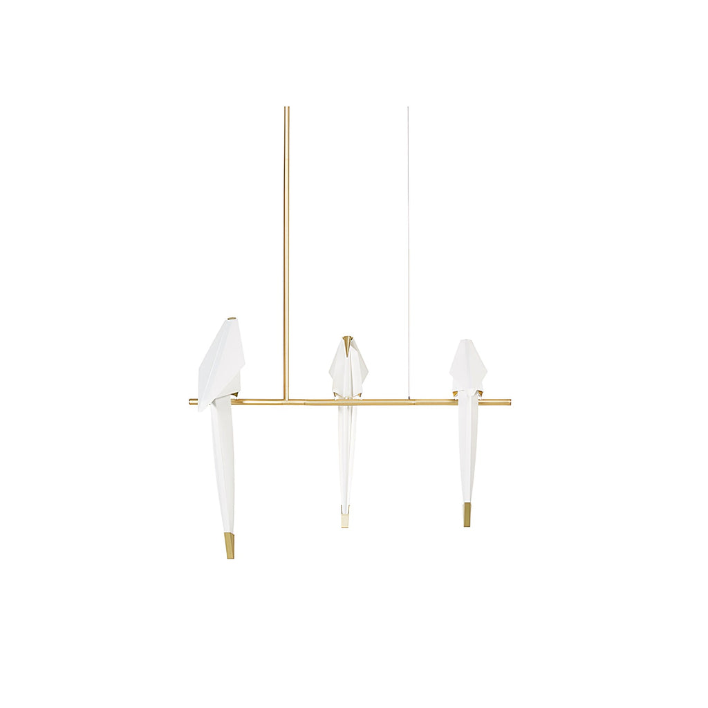 Bird chandelier with white acrylic birds on a gold branch frame