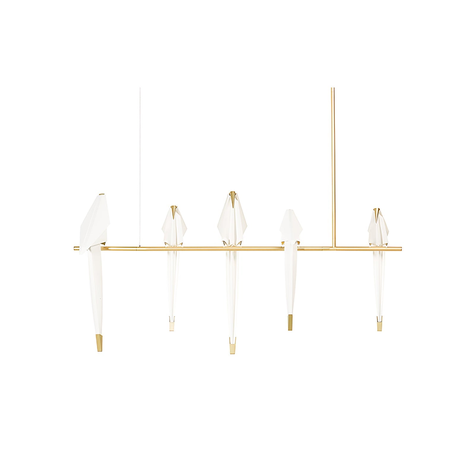 Bird chandelier glowing warmly above a styled dining table