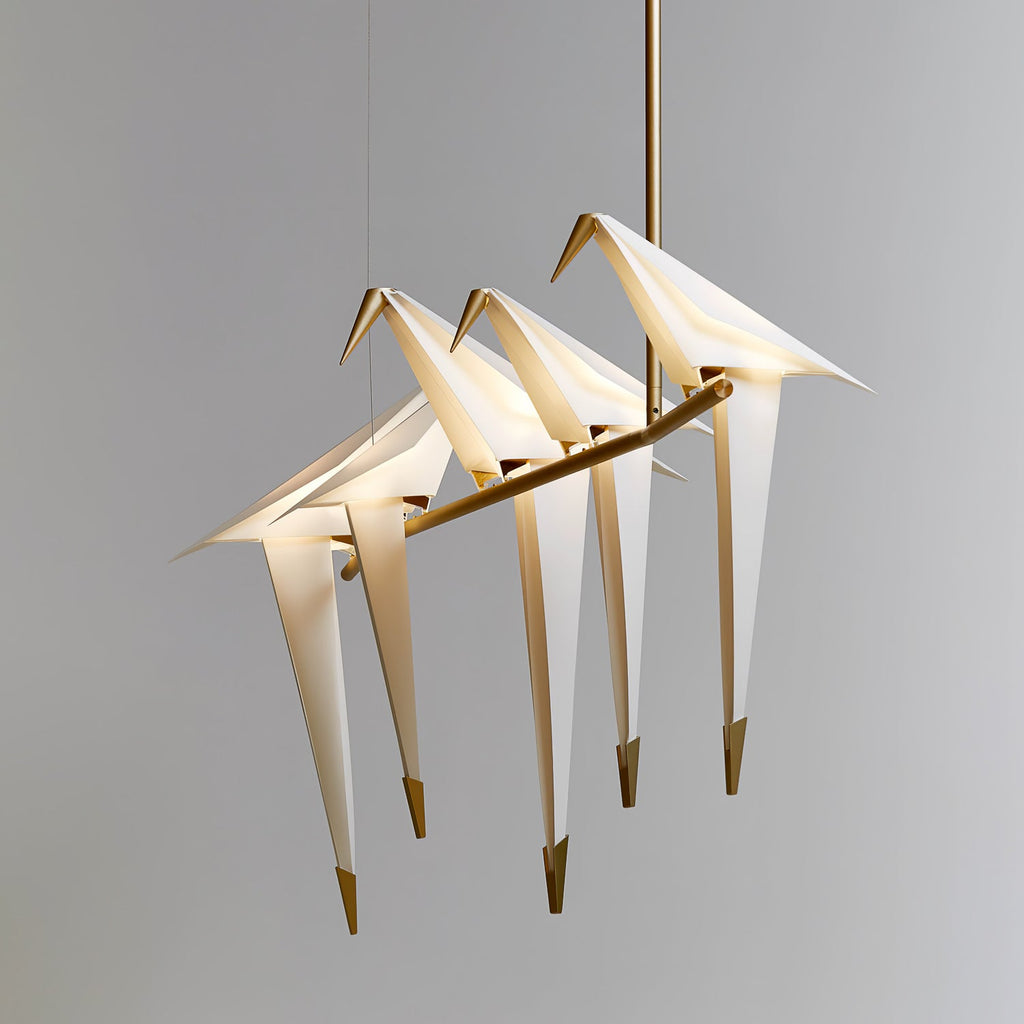 Paper Crane LED Chandelier, Acrylic Birds, Gold Frame, 3000K