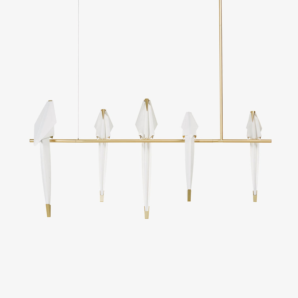 Bird chandelier with acrylic birds perched along a gold rod