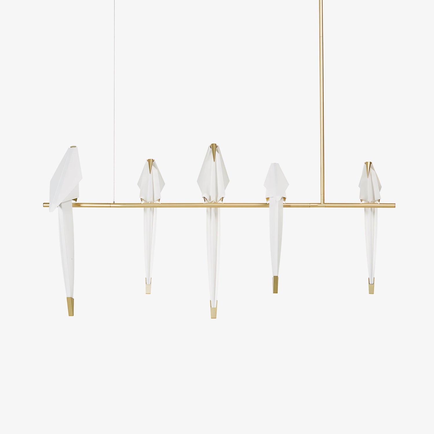 Bird chandelier with acrylic birds perched along a gold rod