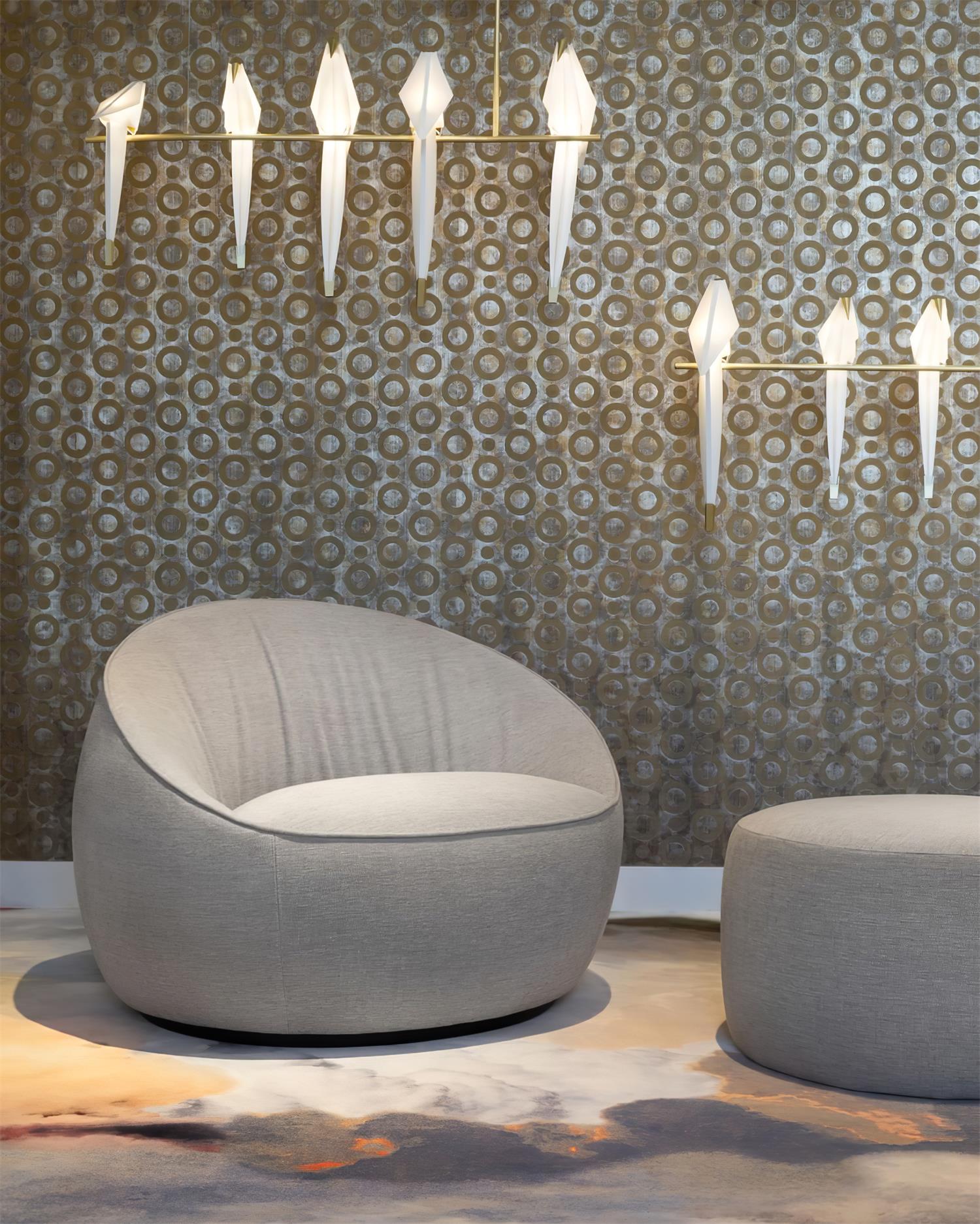 Bird chandelier with gold frame in a softly styled interior