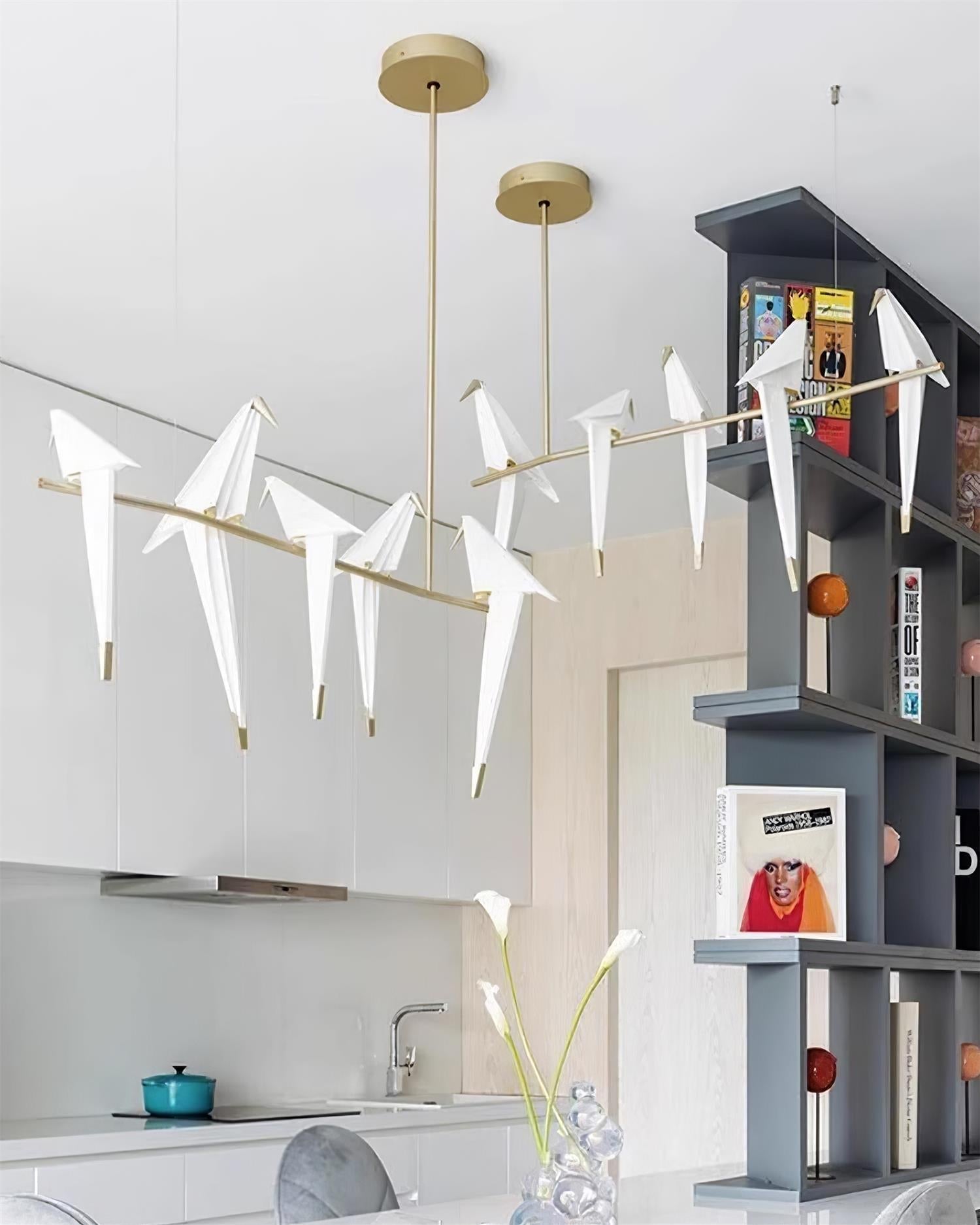 Paper Crane LED Chandelier, Acrylic Birds, Gold Frame, 3000K
