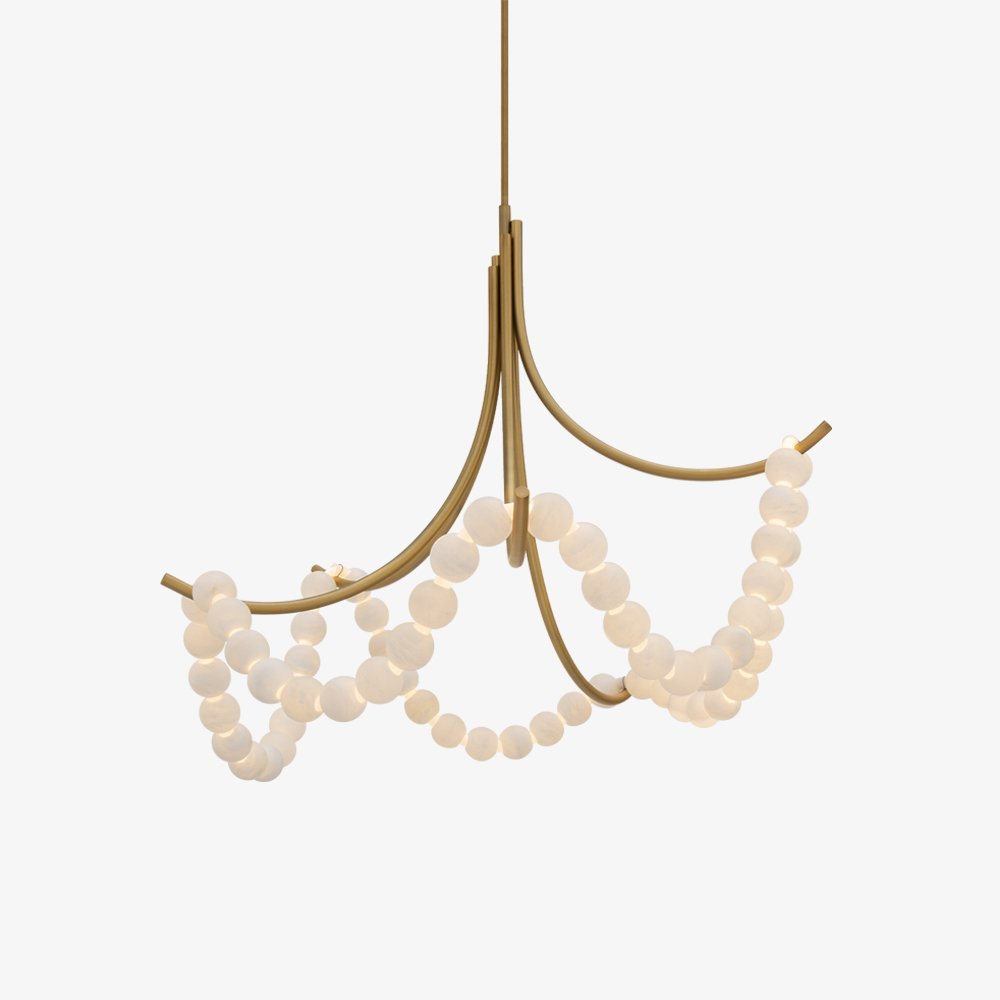 Full length of the gold Parel chandelier including its long suspension stem, on a white background