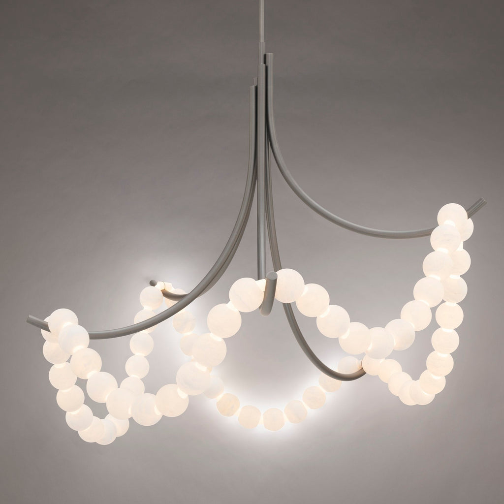 Parel alabaster chandelier in the nickel finish, strands of lit stone beads on brushed grey arms