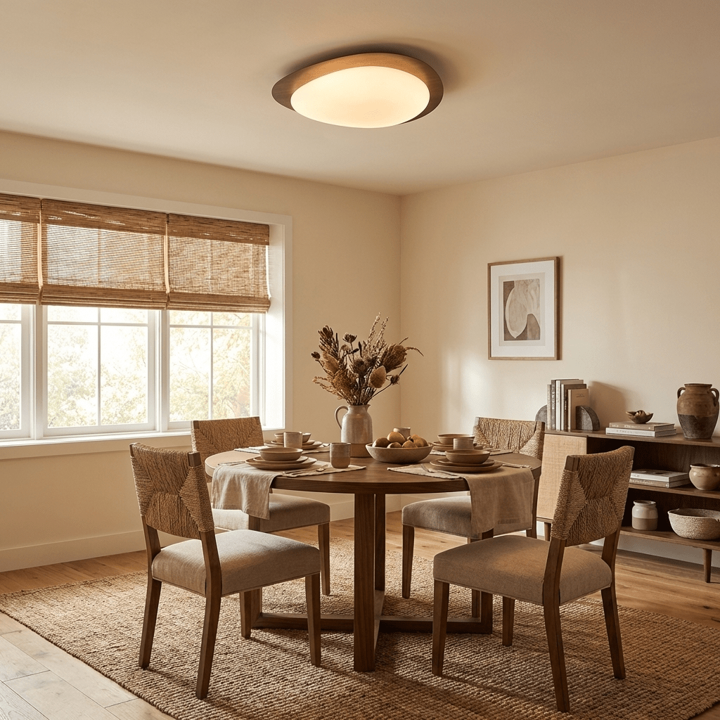 Walnut grain ceiling light with soft warm glow