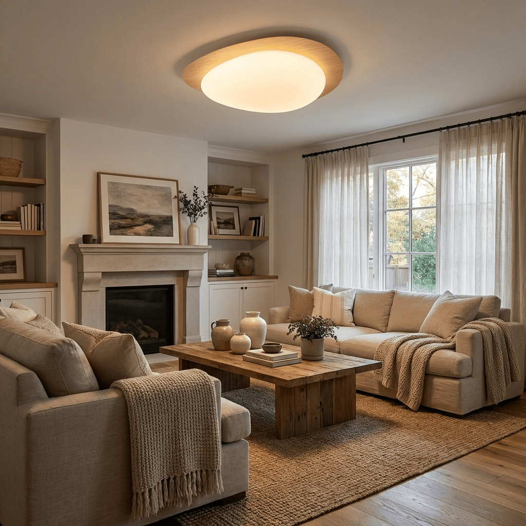 Rounded pebble ceiling light with white shade glowing