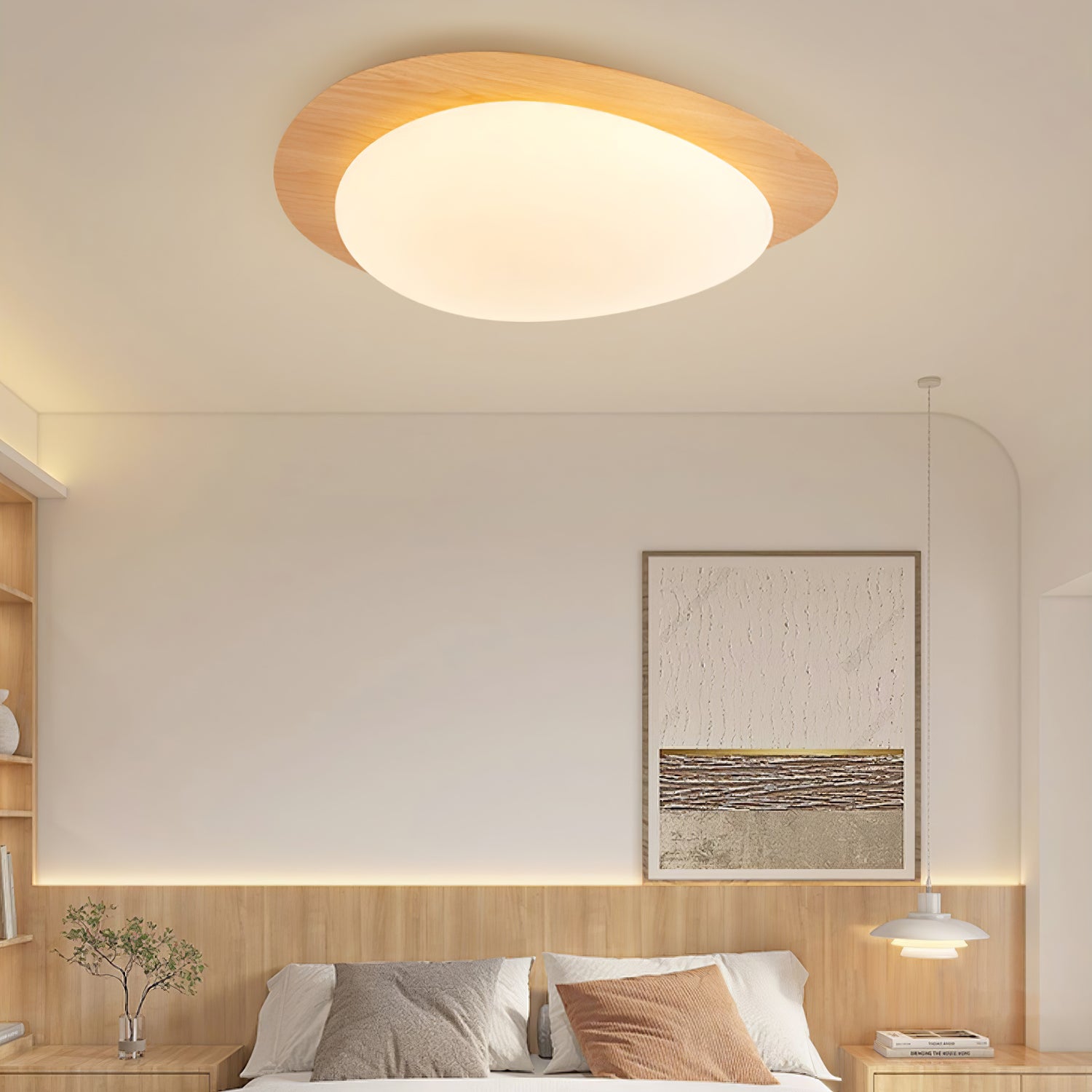Walnut grain pebble ceiling light lit softly overhead