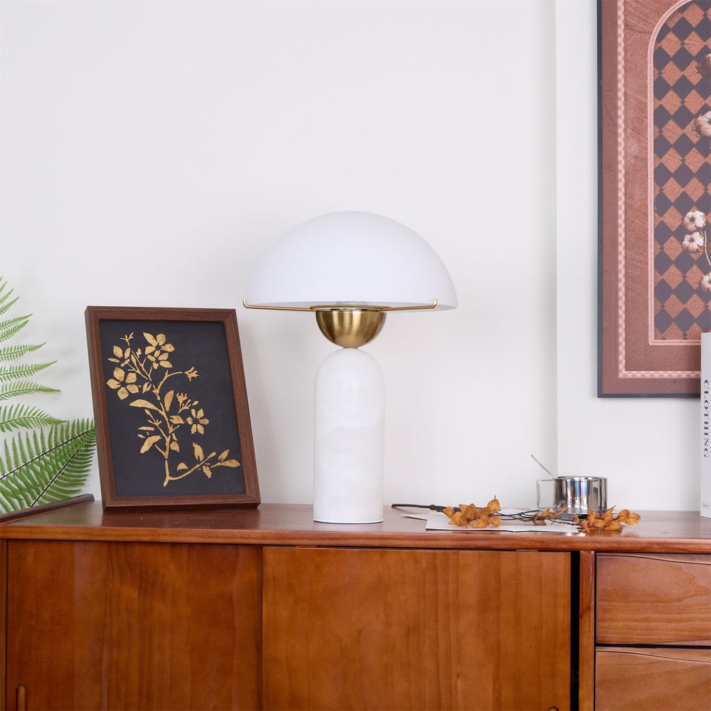 Wider view of the Veviniel lamp on a teak sideboard between a framed botanical print and dried stems.