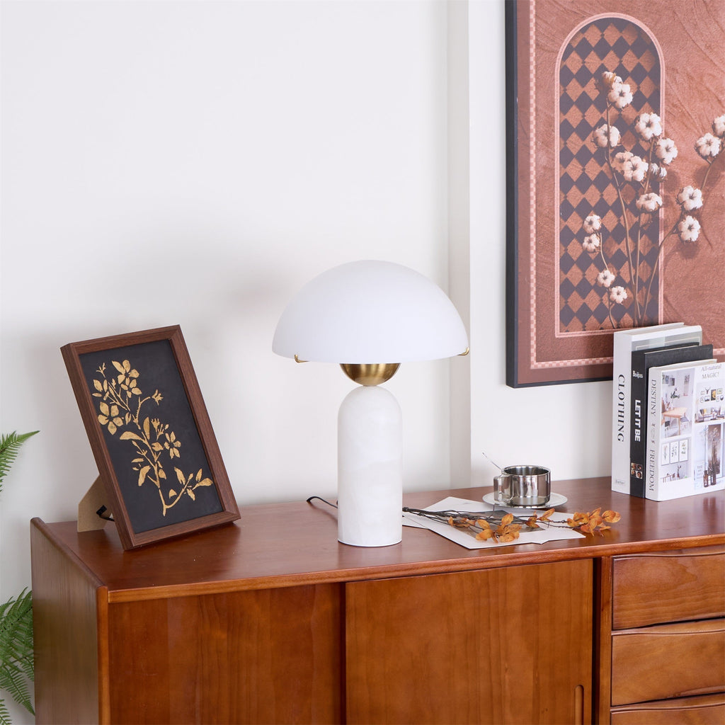 Veviniel lamp on a mid-century sideboard beneath a framed print, shown in a full room composition.