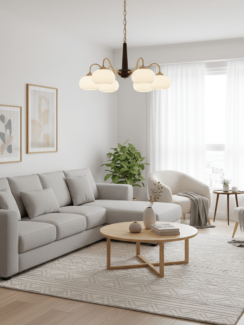 Six shades on this Clérachic chandelier glow above a grey corner sofa and round wood coffee table.