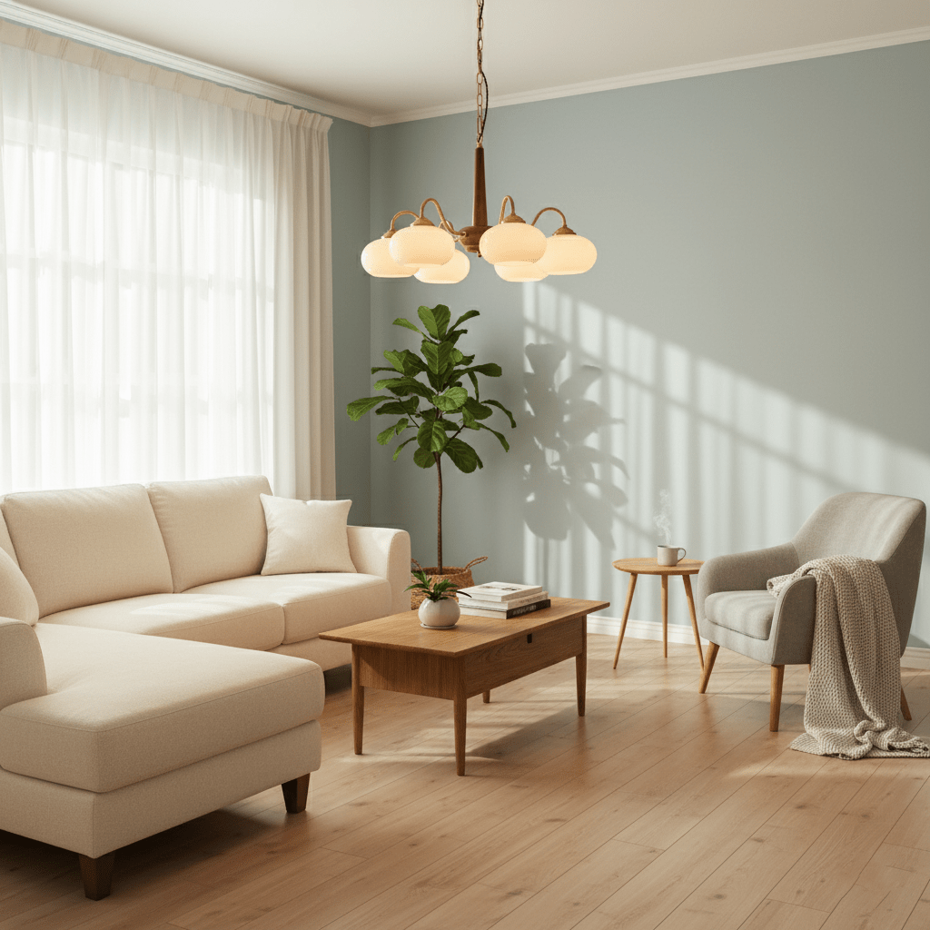 Sunlight strikes a powder-blue wall behind this Clérachic chandelier, hung above a cream sofa and coffee table.