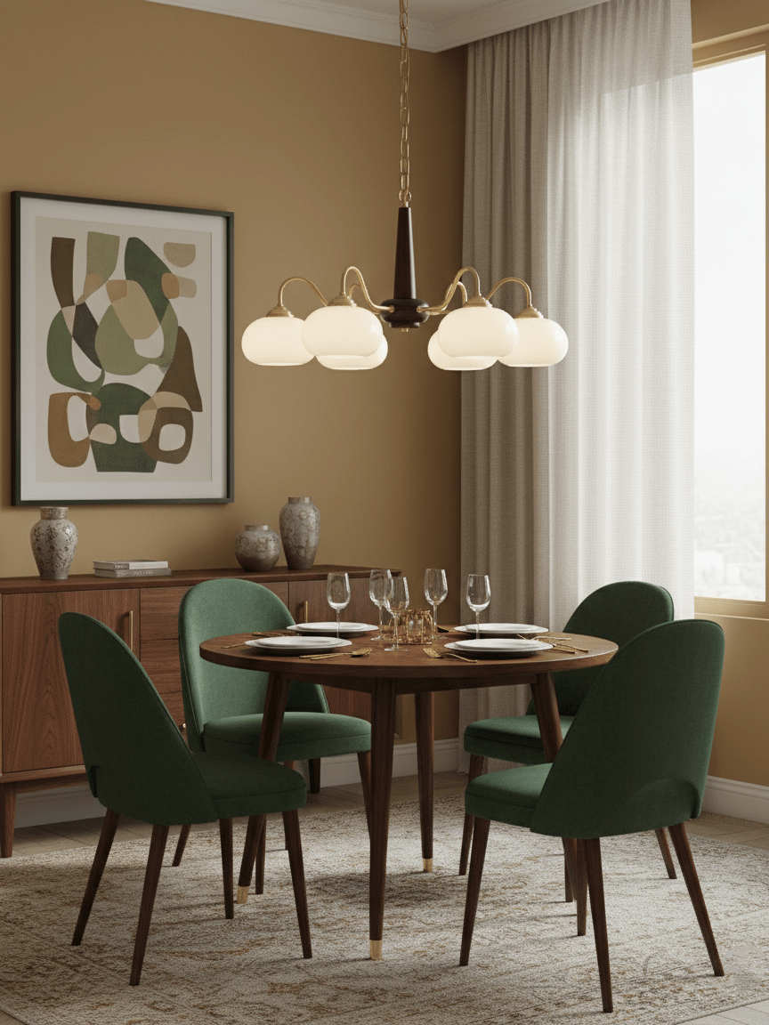 Emerald-green dining chairs surround a table lit by this Clérachic chandelier against a mustard-brown wall.