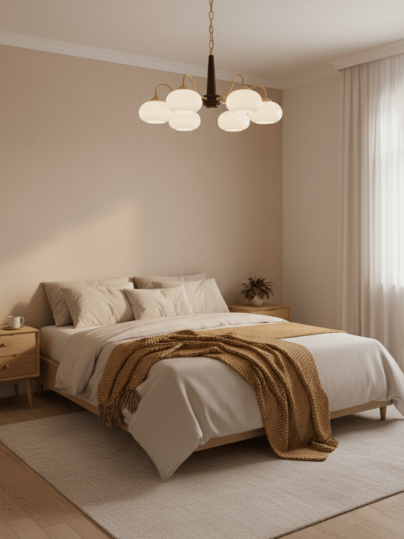 A mustard woven throw lies across the bed beneath this Clérachic chandelier's six lit shades.