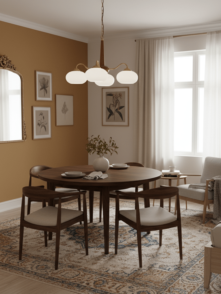 Three cream shades on this Clérachic chandelier hang above a round walnut dining table against a mustard-orange wall.