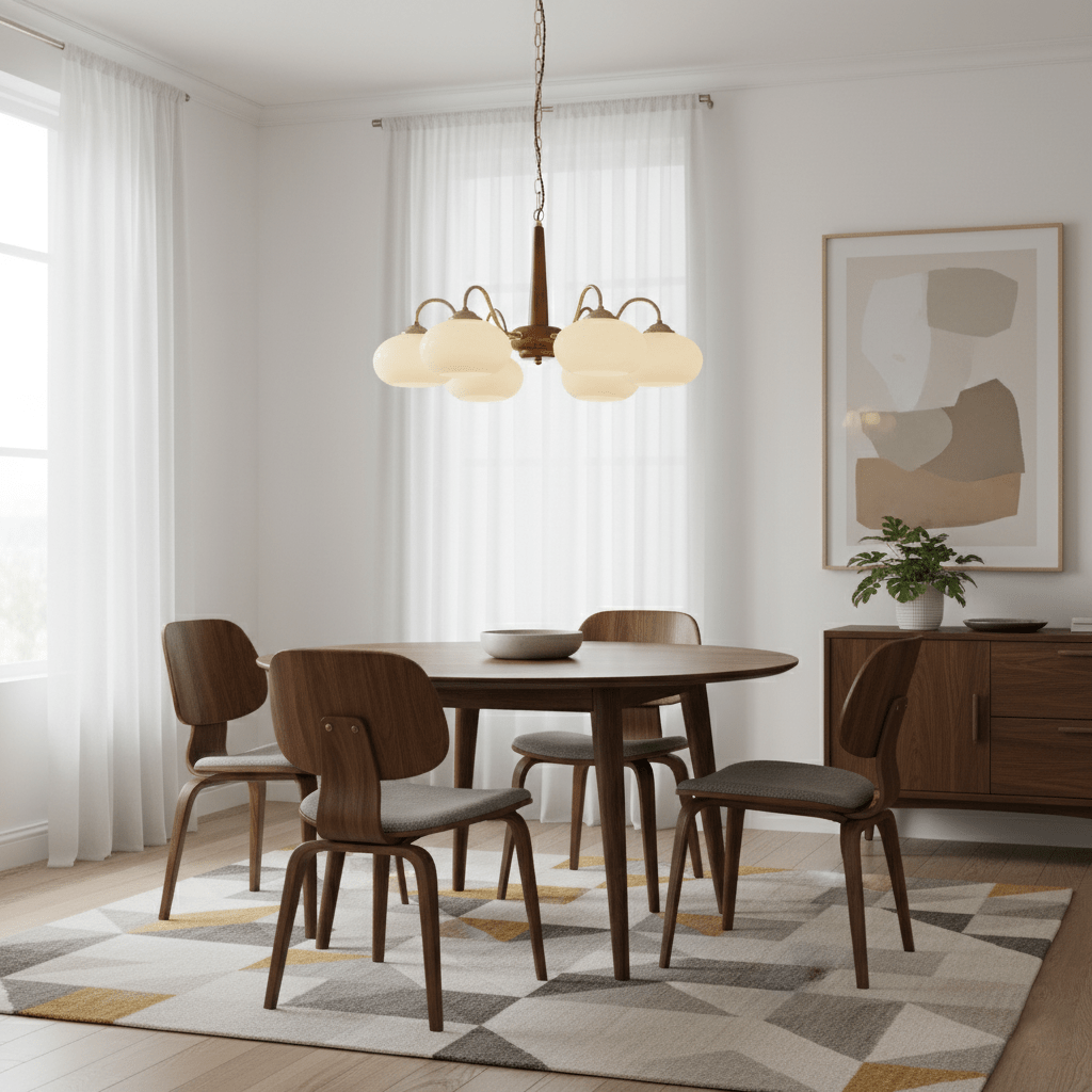 Bentwood dining chairs sit beneath this Clérachic chandelier, its cream shades warm against a white wall.