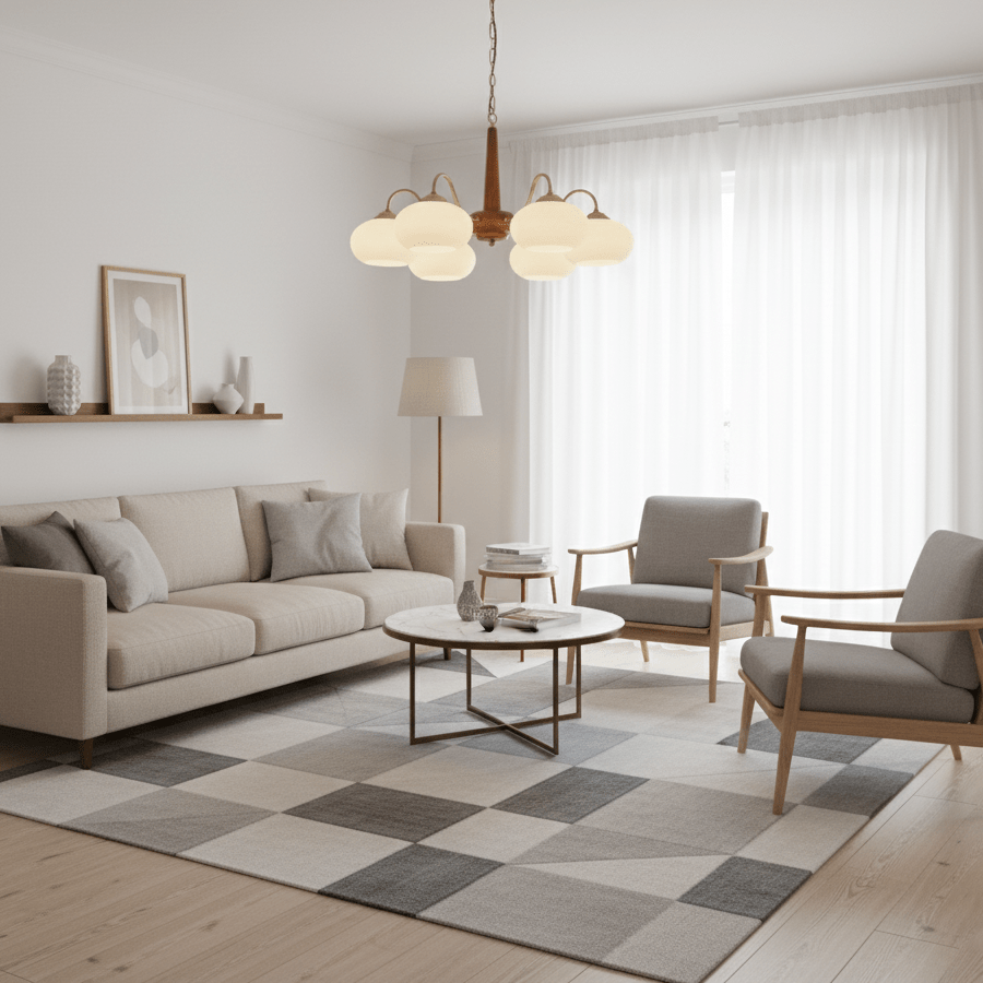 In a living room with a grey checked rug, this Clérachic chandelier's cream shades glow above two armchairs.