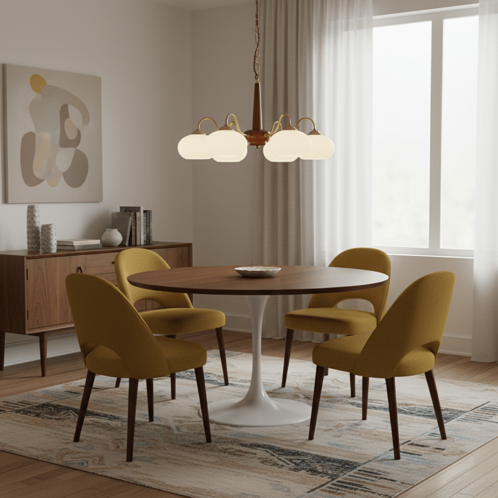 This Clérachic chandelier hangs above a round table with mustard-yellow chairs and a white pedestal base.