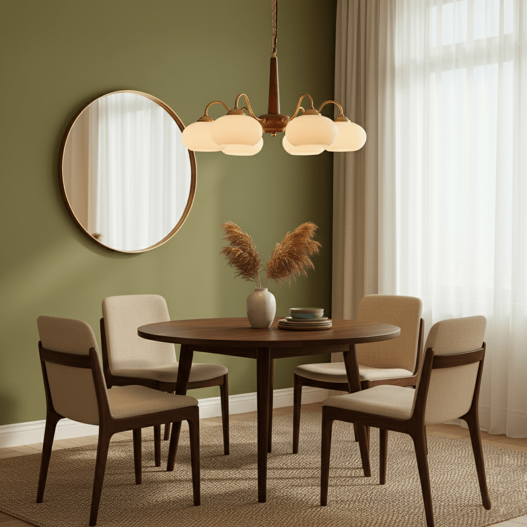 A four-light Clérachic chandelier hangs over a round dining table in a sage-green room with a wall mirror.