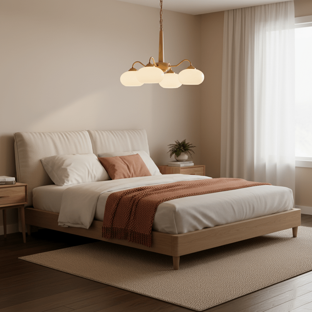 Four cream glass shades on this Clérachic chandelier hang over an upholstered bed with a rust-coloured throw.