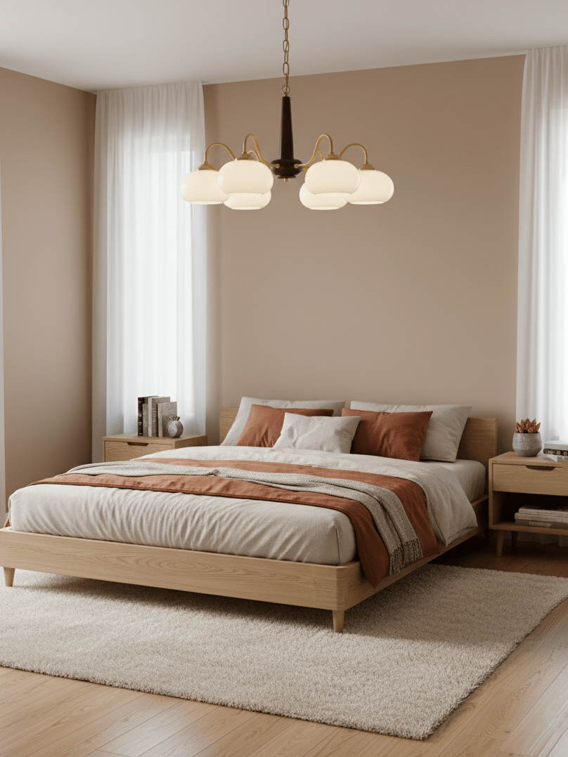 Six cream glass shades on this Clérachic chandelier light a bedroom with a wood bed frame and rust-toned throw.