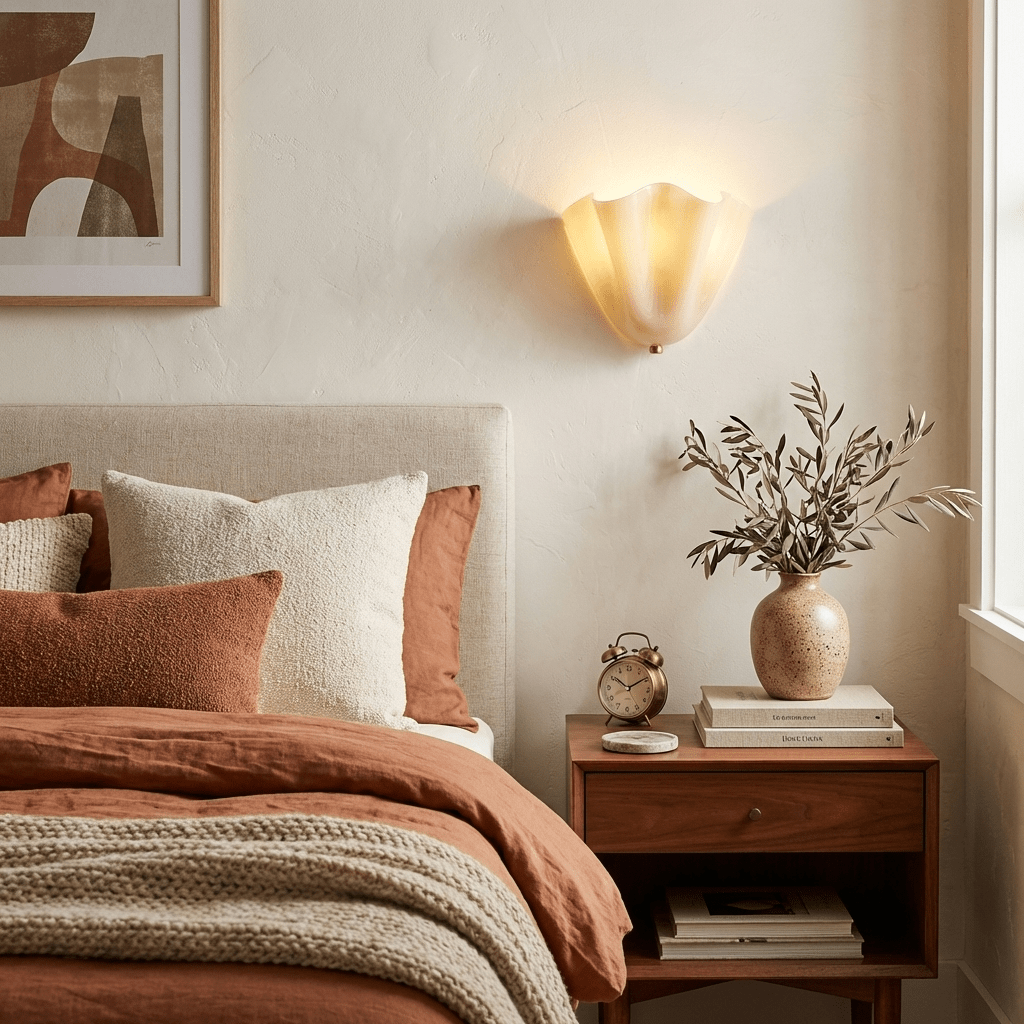 Petalia wall sconce mounted in a calm styled hallway