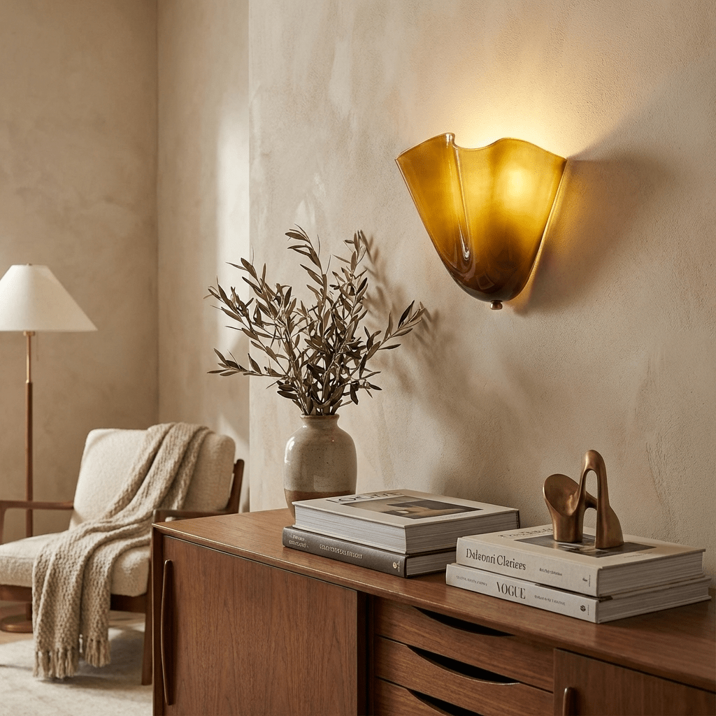 Petalia wall sconce styled beside a piece of wall art