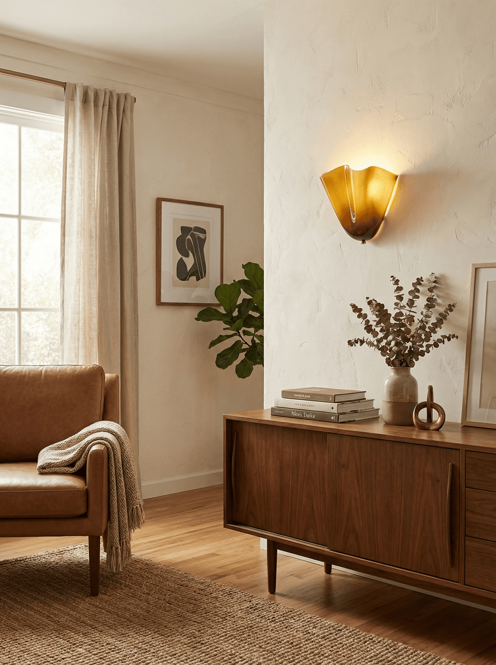 Petalia wall sconce mounted beside a styled living room wall