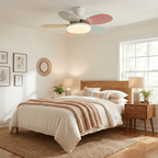 Petal-inspired wooden ceiling fan with central LED light