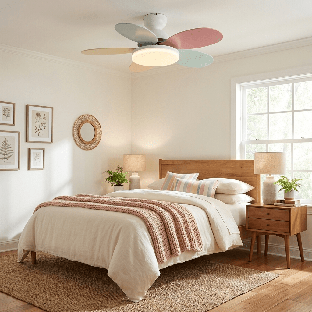 Petal-inspired wooden ceiling fan with central LED light