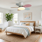 Six curved wooden blades on a ceiling fan against white