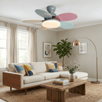 Curved wooden blade ceiling fan with warm LED light