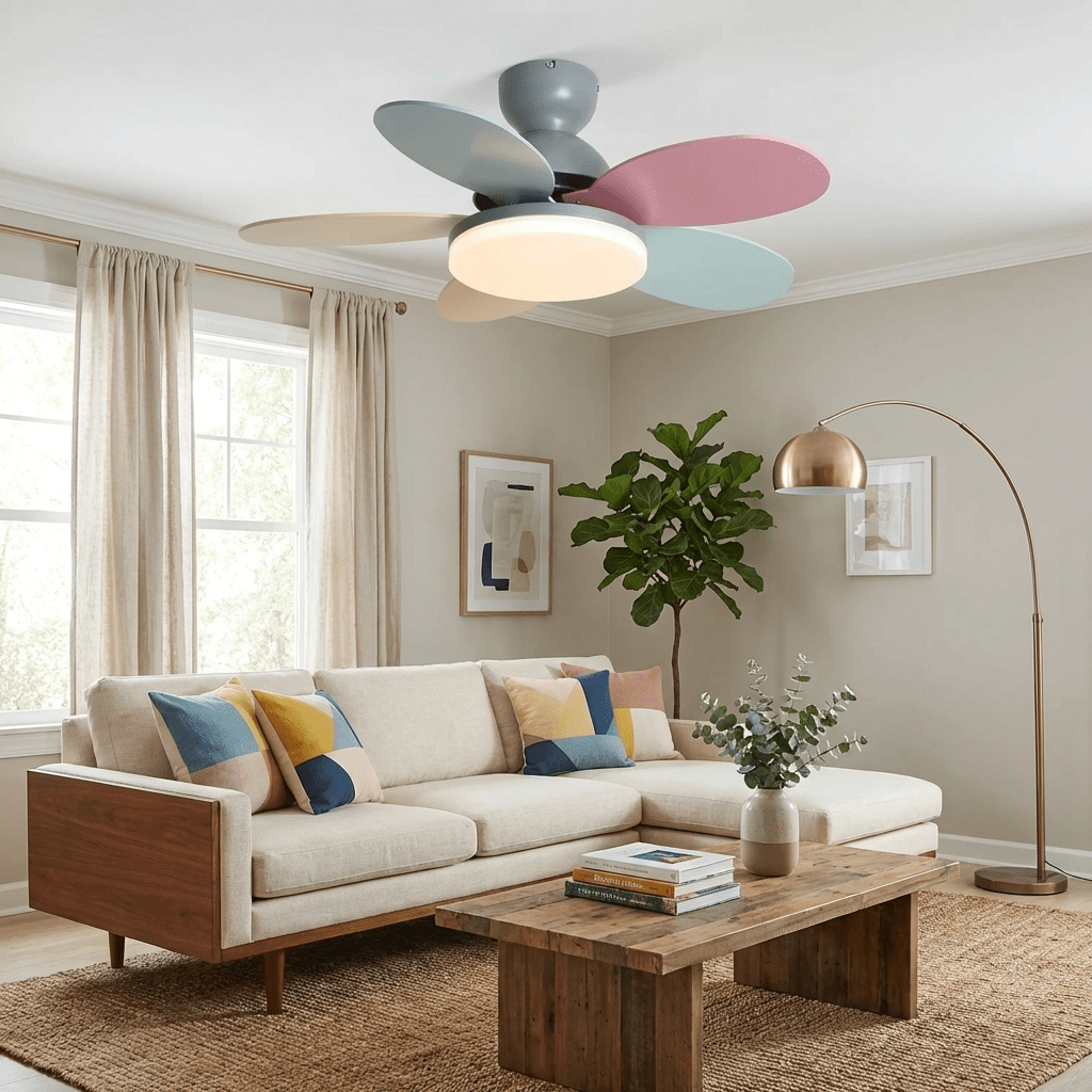 Curved wooden blade ceiling fan with warm LED light