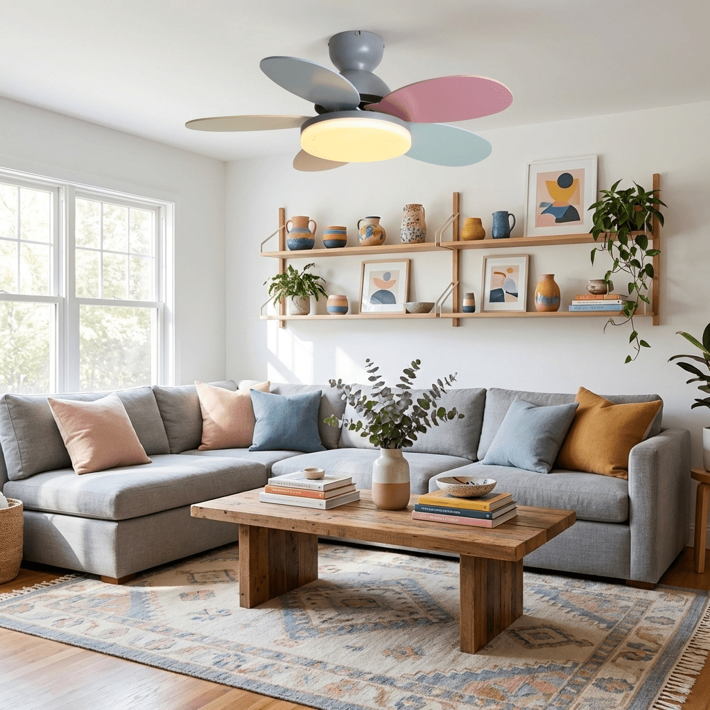 Six-blade ceiling fan light shown from a side angle