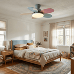 Curved wooden blade ceiling fan with white acrylic shade