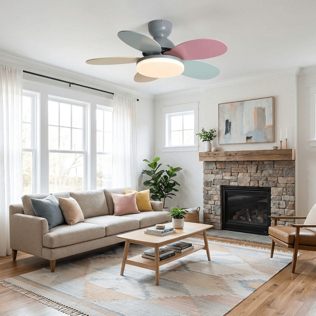 Petal-shaped wooden ceiling fan with warm integrated light