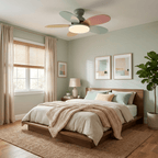 Wooden ceiling fan light detail showing blade curve
