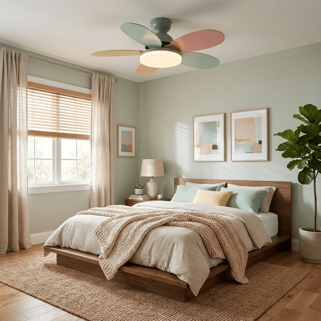 Wooden ceiling fan light detail showing blade curve
