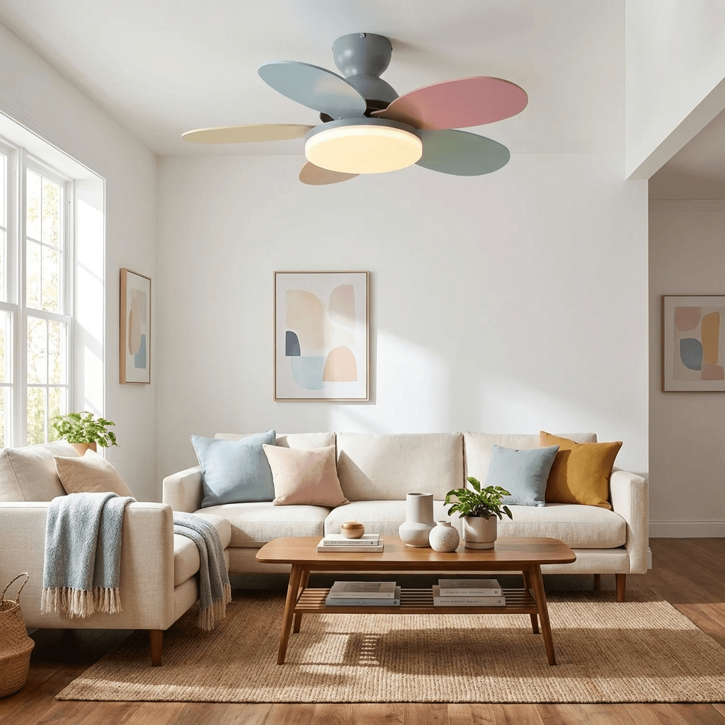 Six-blade wooden ceiling fan shown from above