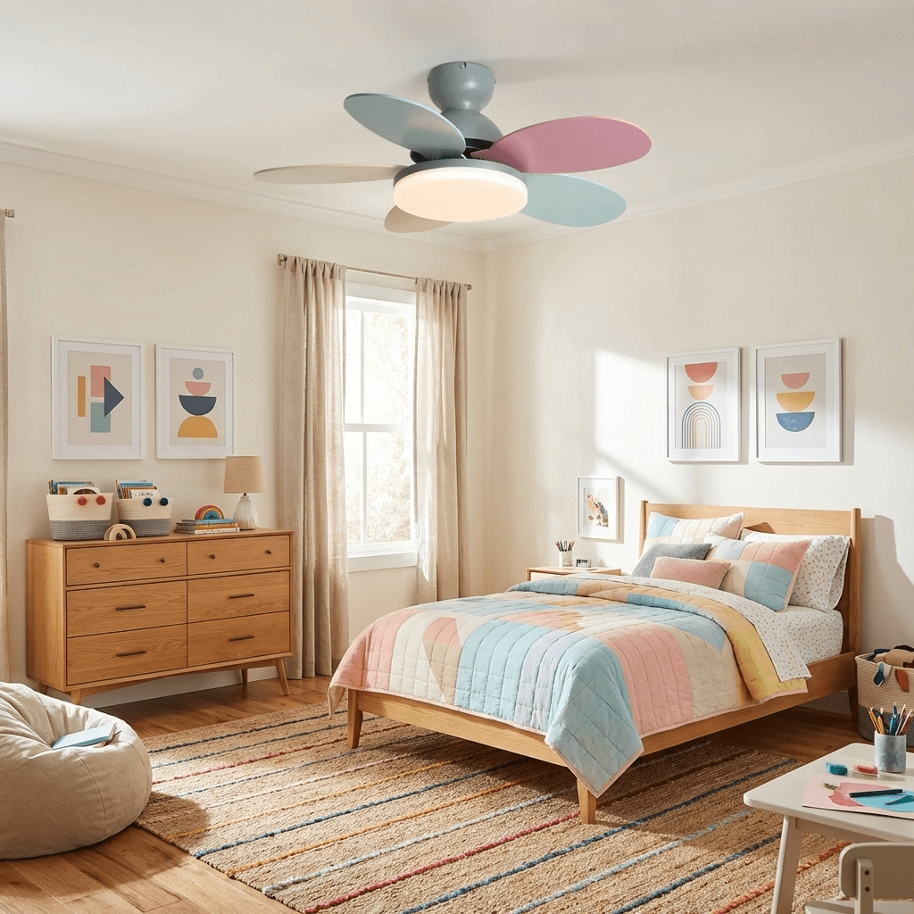 Wood grain ceiling fan with white shade studio shot