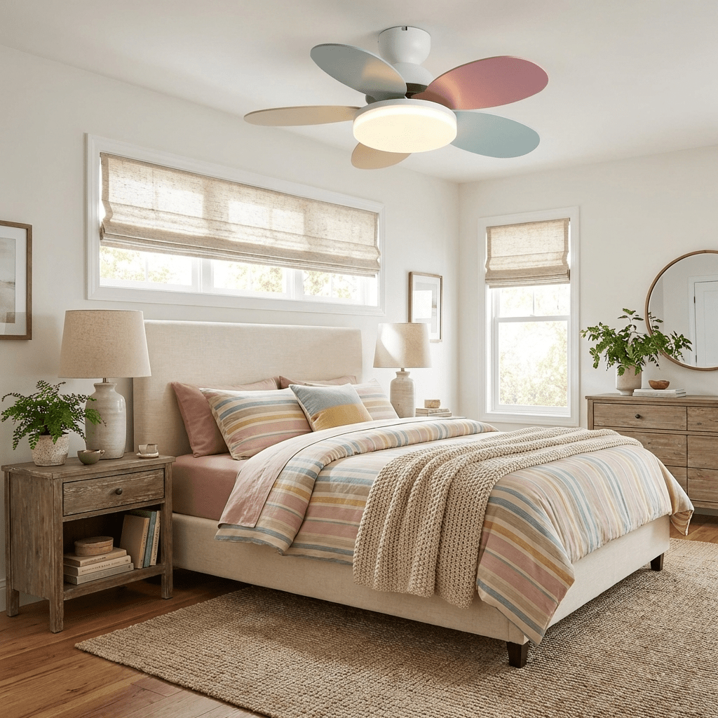 Six-blade ceiling fan light viewed from a low angle